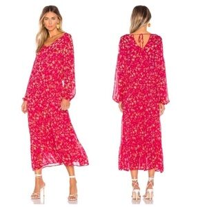 Free People Wallflower Floral Print Sheer lined Midi Dress, Raspberry Combo, XS